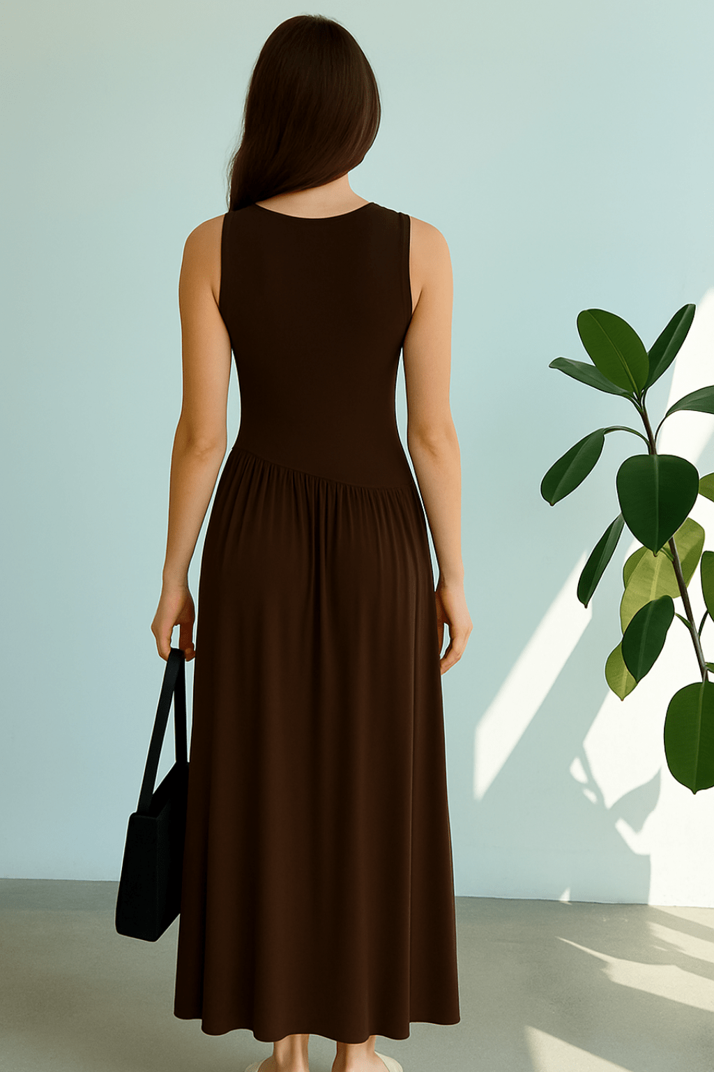 Vestido-Meline-Longo-Cintura-Franzida-Minimalista-Marrom-LOLINE-0121