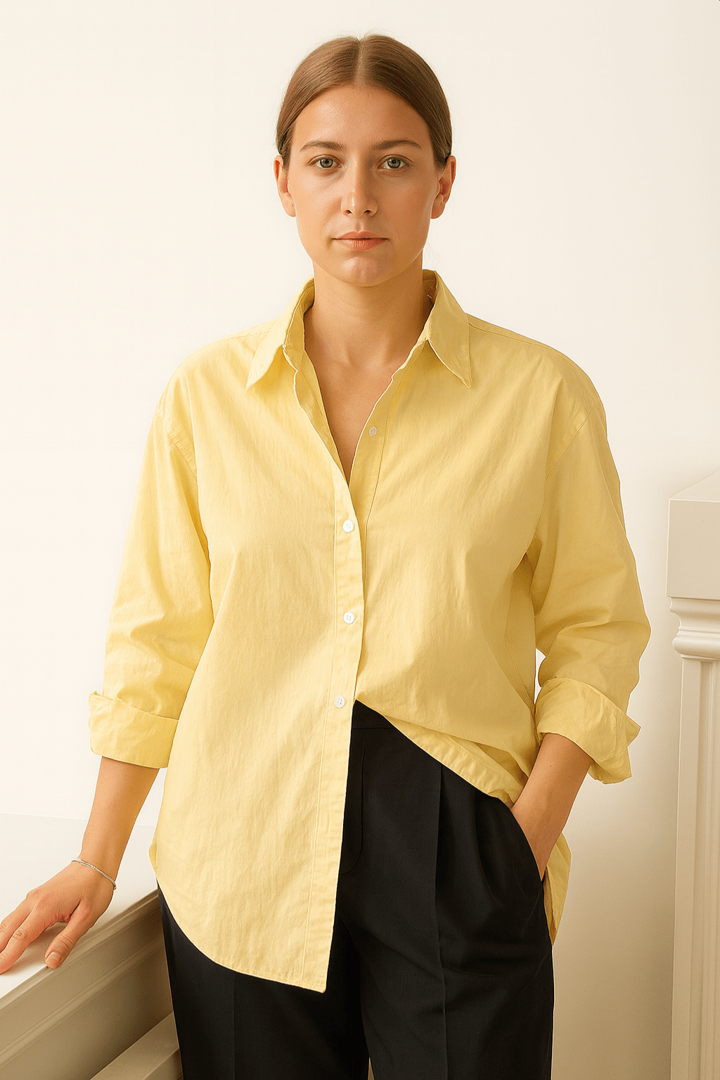 Camisa-Feminina-Manga-Longa-100_-Algod_o-Amarelo-LOLINE-01166