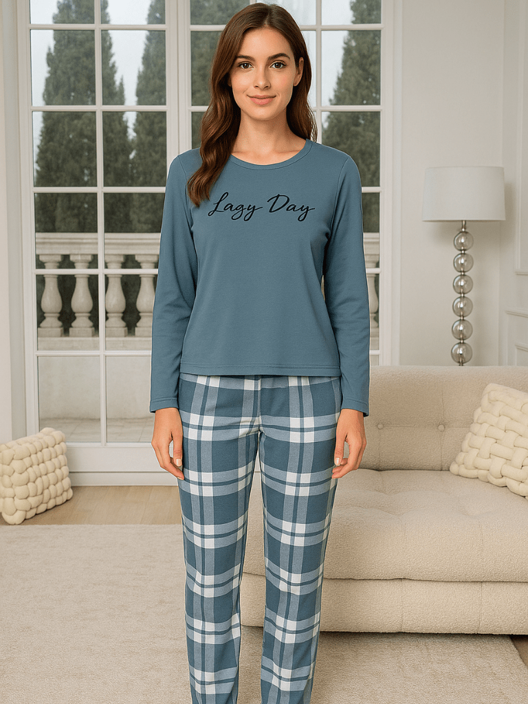 Pijama-Feminino-Conjunto-Manga-Comprida-Xadrez-Azul-loline-01