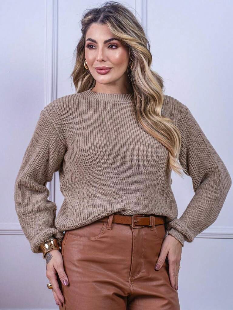 Suéter Feminino Tricod Manga Bufante Modelo Walleska Caqui