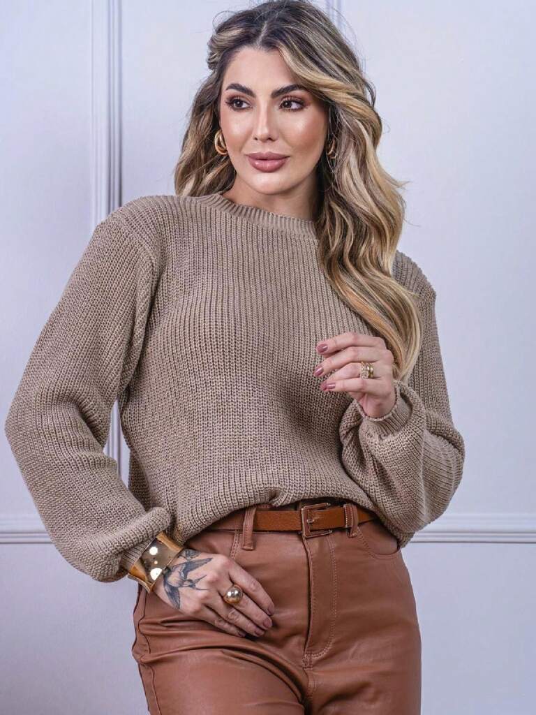 Suéter Feminino Tricod Manga Bufante Modelo Walleska Caqui