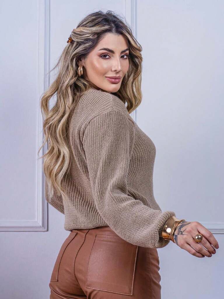 Suéter Feminino Tricod Manga Bufante Modelo Walleska Caqui