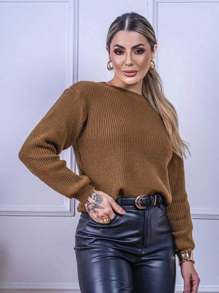 Suéter-Feminino-Tricod-Manga-Bufante-Modelo-Walleska-Marrom-loline-01