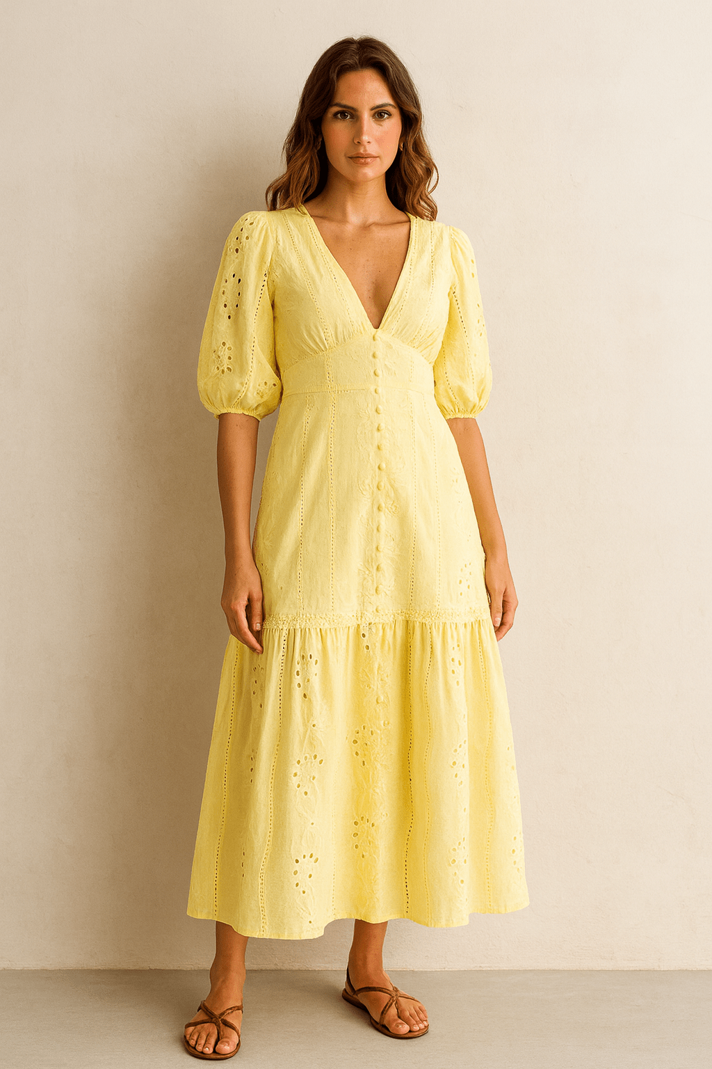 Vestido-Amarelo-Manteiga-Longo-Com-Renda-Decote-em-V-Loline-01