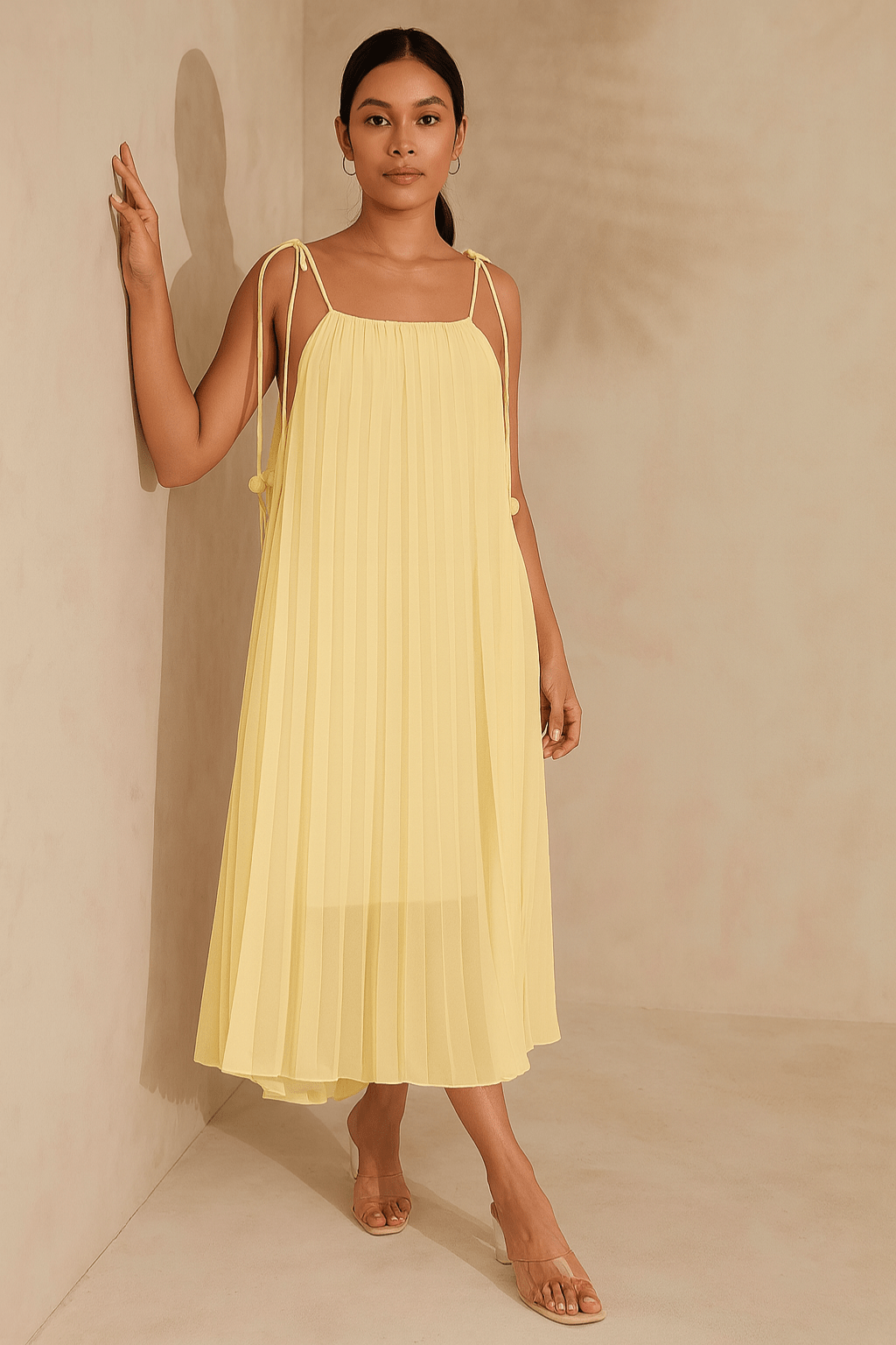 Vestido-Lorena-Plissado-Longo-Com-Amarração-Detalhe-em-Flor-Amarelo-Manteiga-LOLINE-01