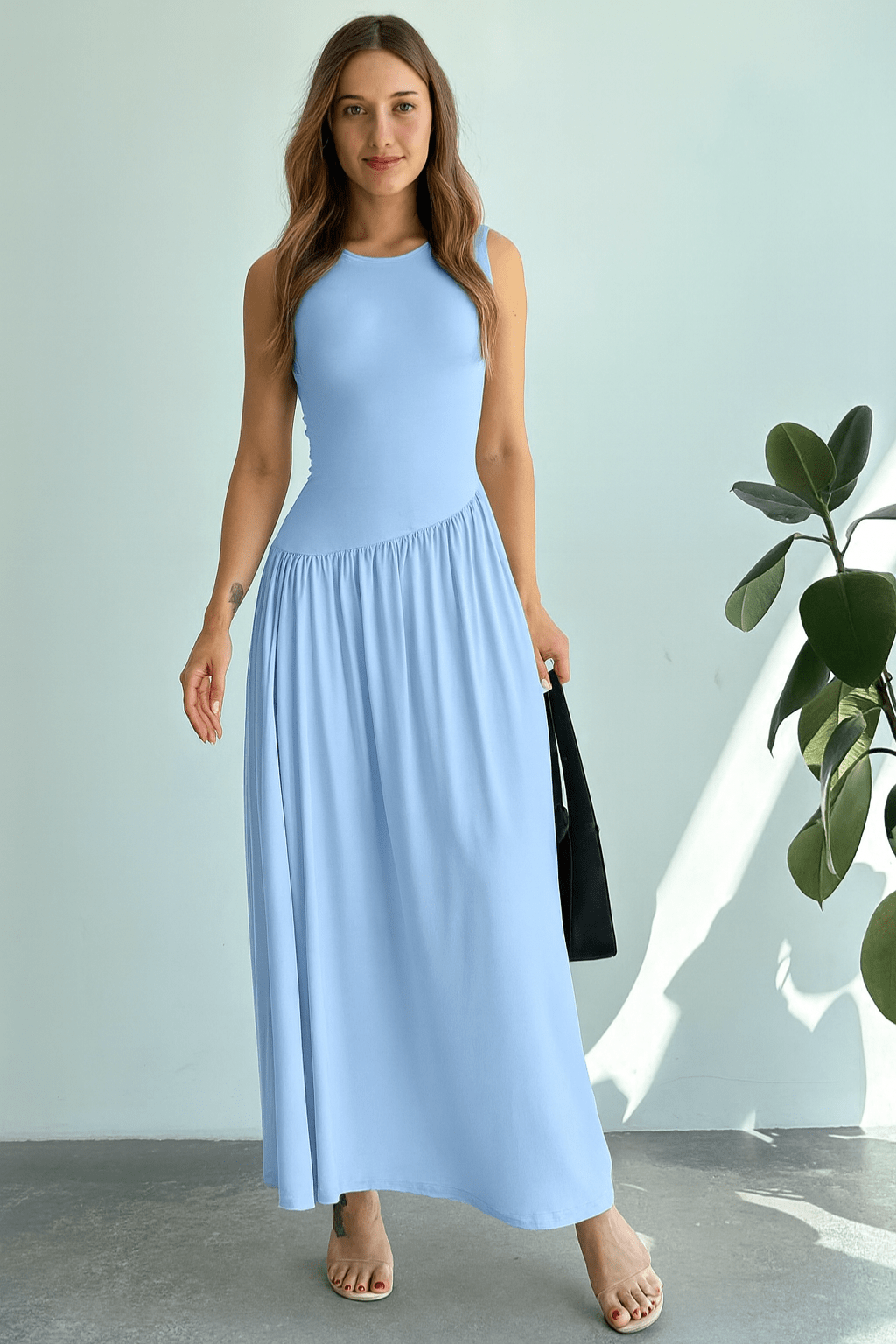 Vestido-Meline-Longo-Cintura-Franzida-Minimalista-Azul-LOLINE-01