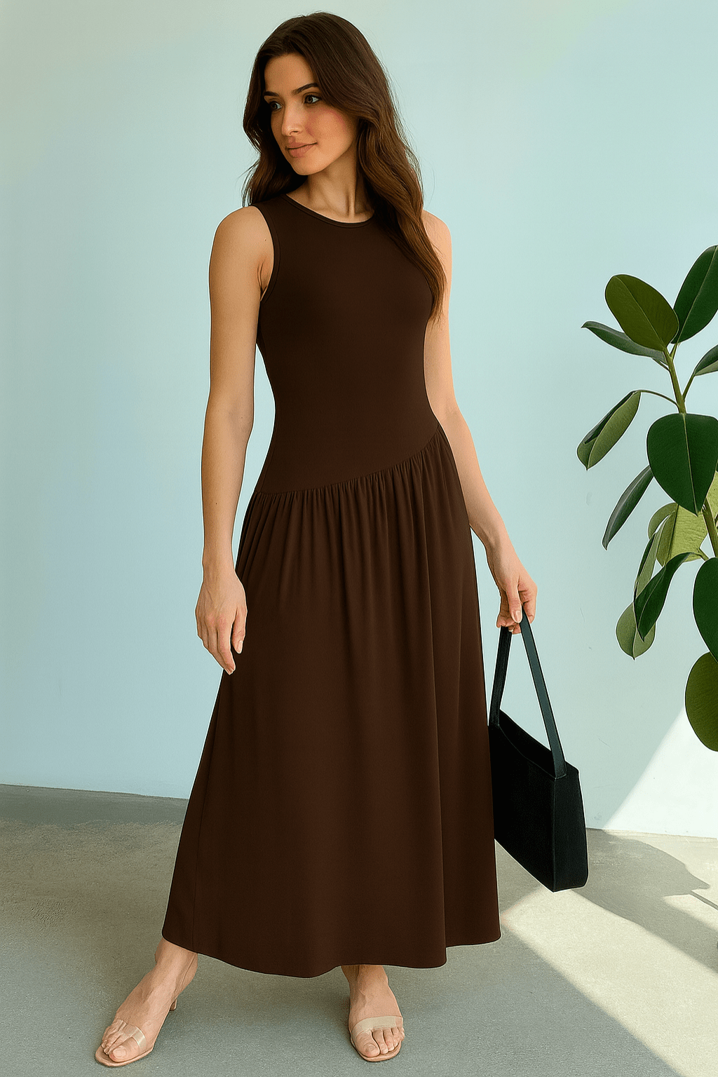 Vestido-Meline-Longo-Cintura-Franzida-Minimalista-Marrom-LOLINE-012