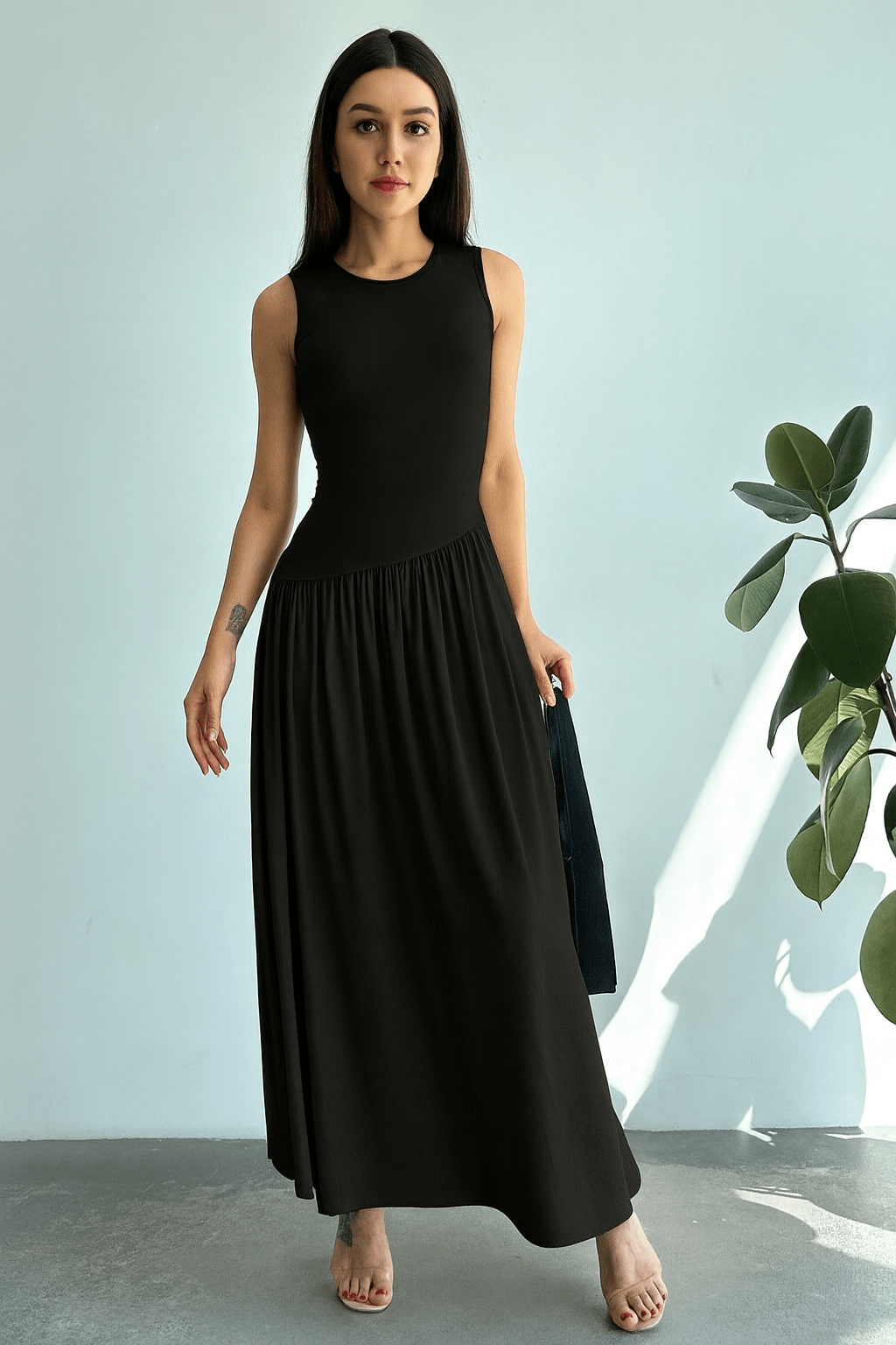 Vestido-Meline-Longo-Cintura-Franzida-Minimalista-Preto-LOLINE-01
