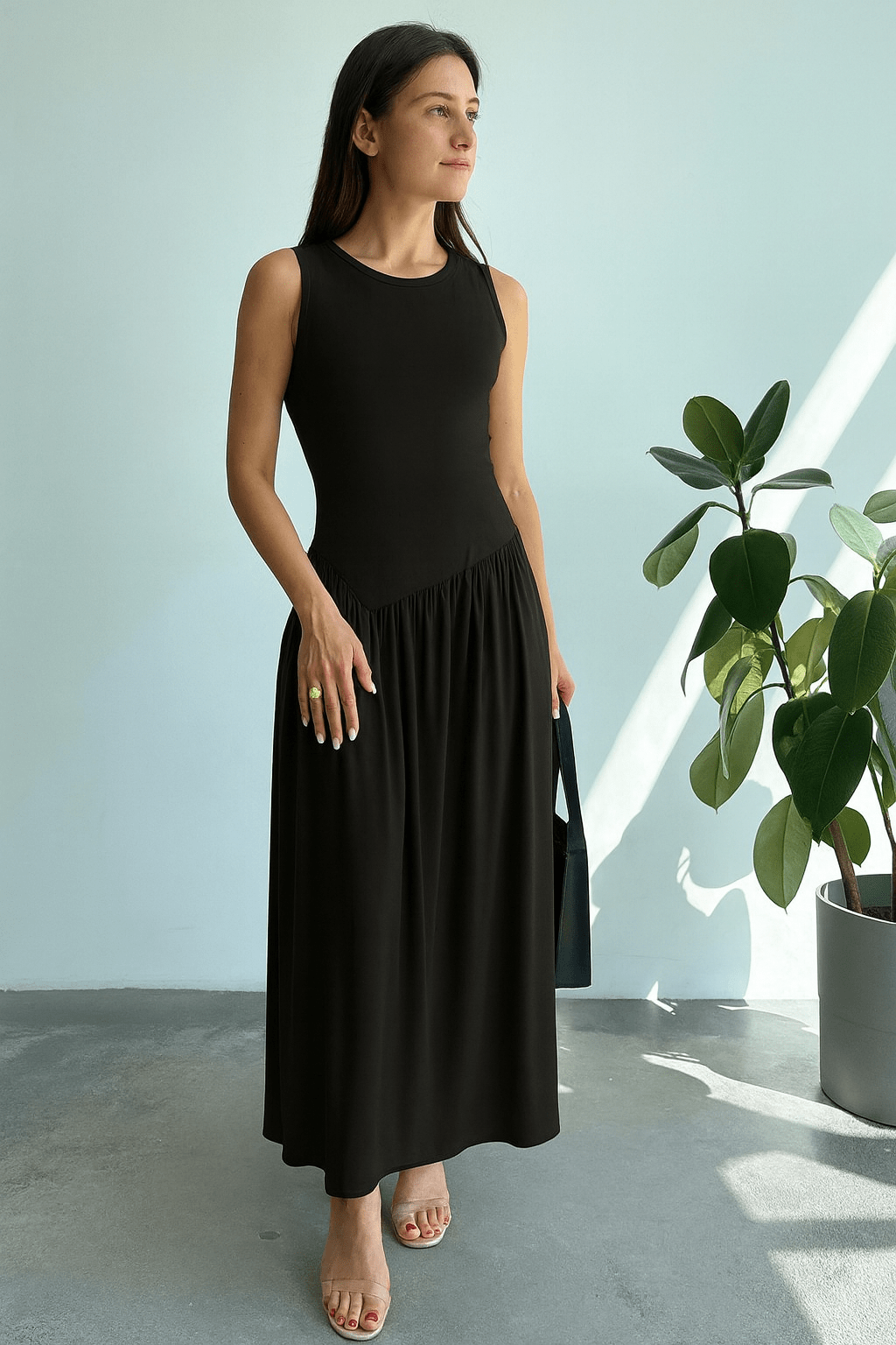 Vestido-Meline-Longo-Cintura-Franzida-Minimalista-Preto-LOLINE-014