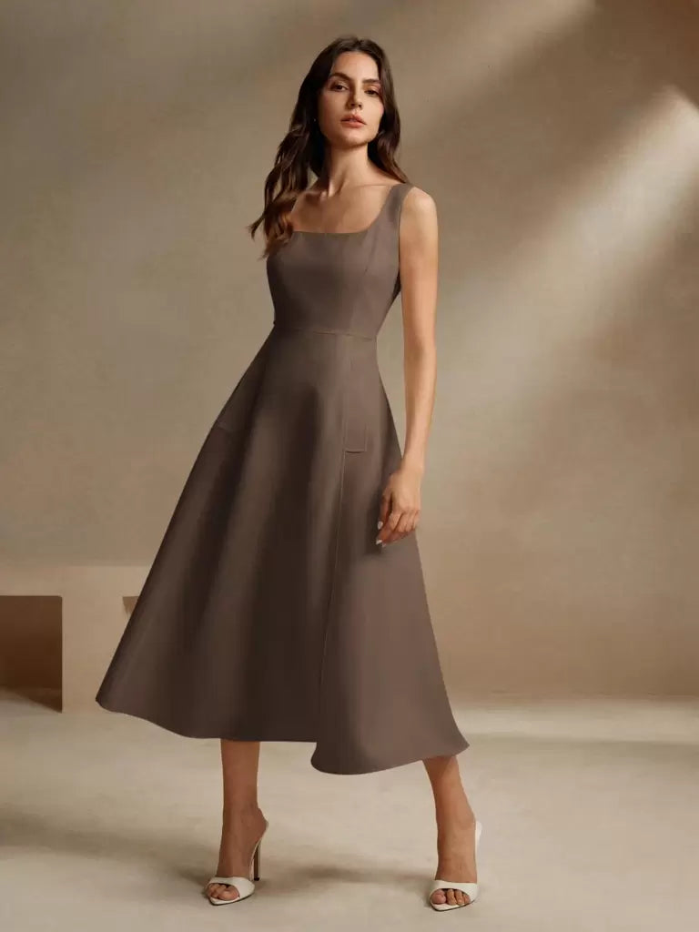 Vestido-Midi-Estilo-Frances-Decote-Quadrado-Marrom-LOLINE-01