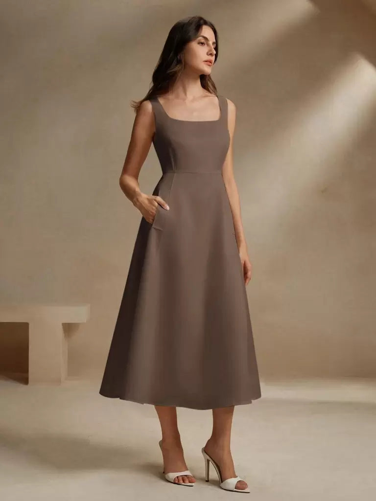 Vestido-Midi-Estilo-Frances-Decote-Quadrado-Marrom-LOLINE-02