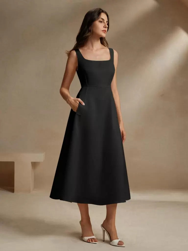 Vestido-Midi-Estilo-Frances-Decote-Quadrado-Preto-LOLINE-03