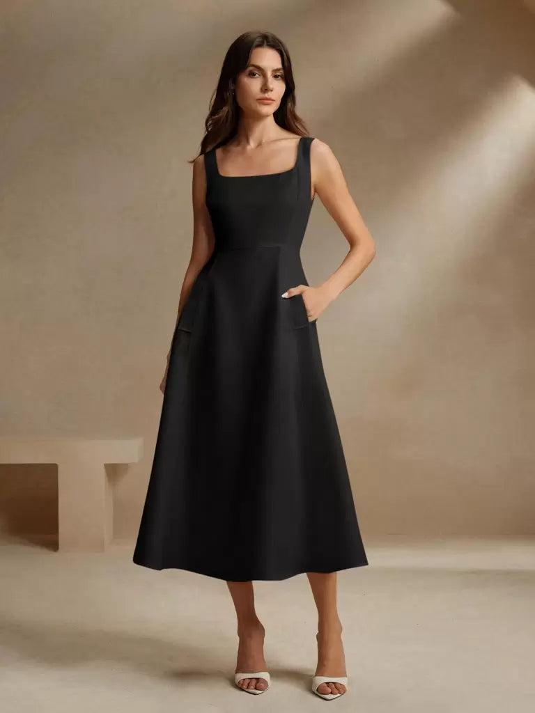 Vestido-Midi-Estilo-Frances-Decote-Quadrado-Preto-LOLINE-05