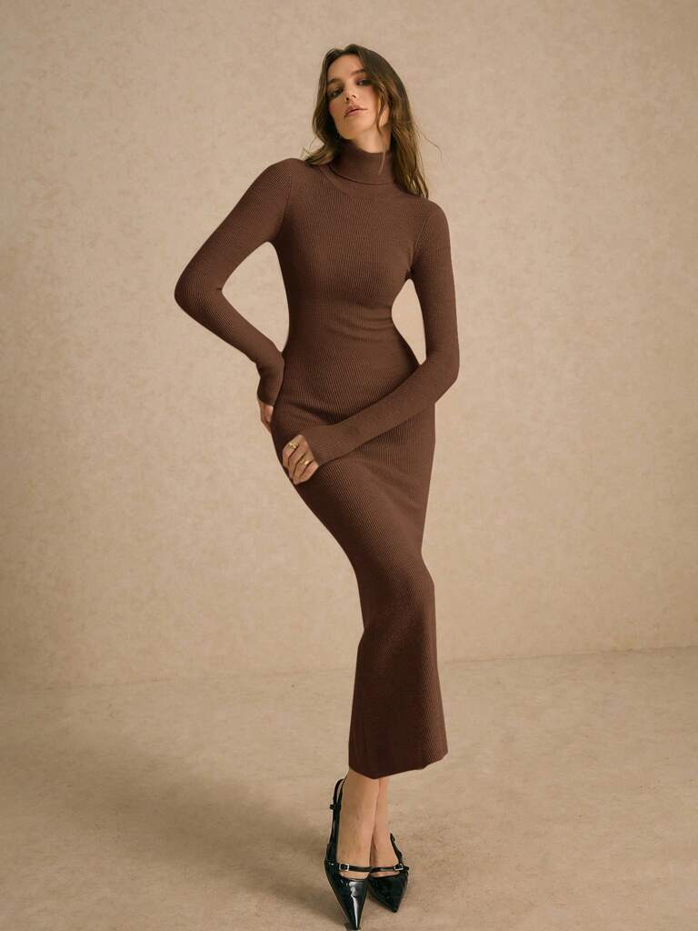 Vestido-Midi-de-Tricô-Gola-Alta-Marrom-Thalitta-loline-01