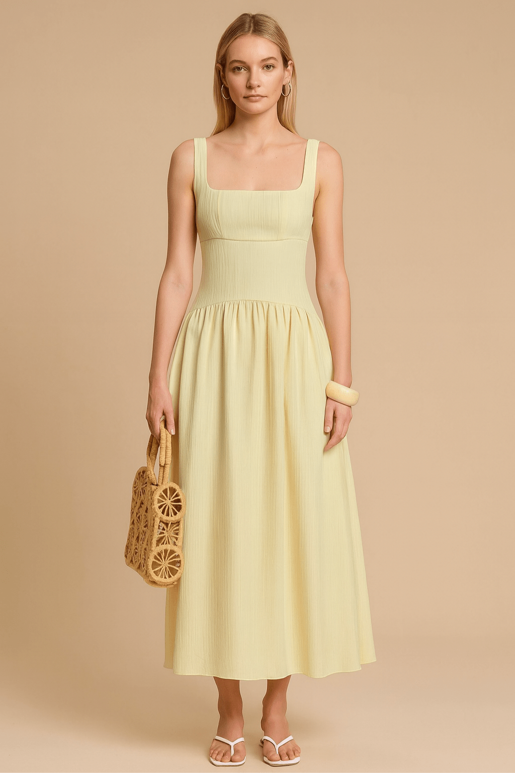 Vestido-Vivi-Decote-Quadrado-Plissado-Sem-Mangas-Amarelo-LOLINE-01